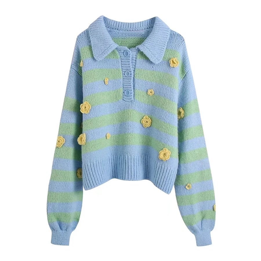 Fashion Blue Stripes Flower Embroidery Striped Lapel Top,Sweater