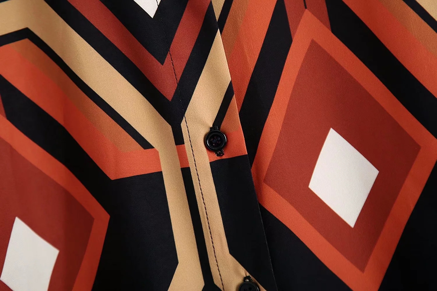 Fashion Brown Geometric Print Woven Printing Row Buckle Lapel Shirt,Coat-Jacket