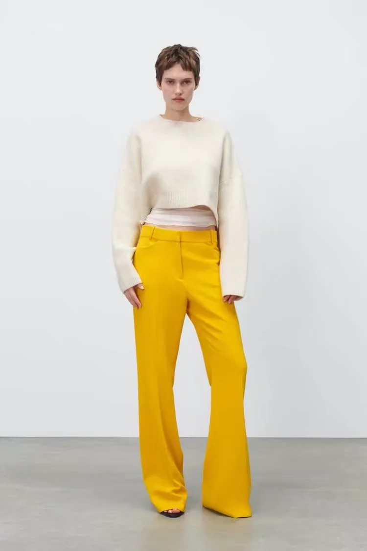 Fashion Yellow Woven Geometric Straight Trousers,Pants