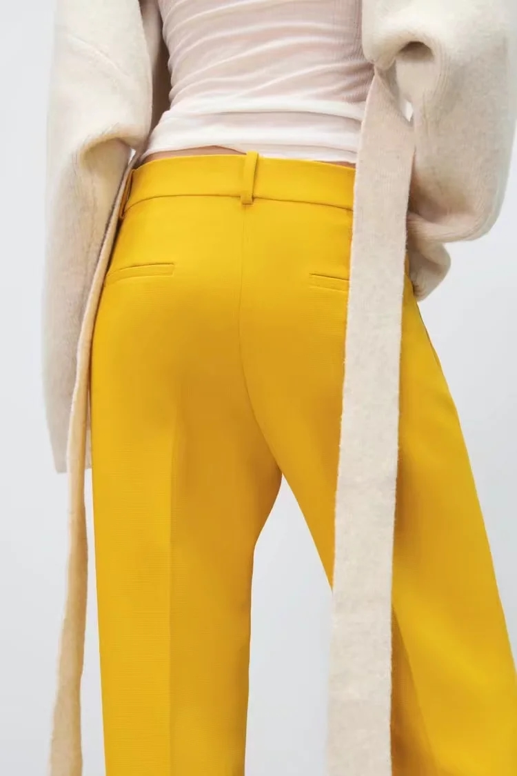 Fashion Yellow Woven Geometric Straight Trousers,Pants