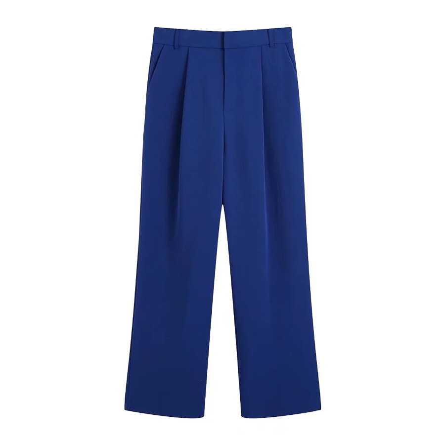 Fashion Blue Wovenly Pleated Straight Trousers,Pants