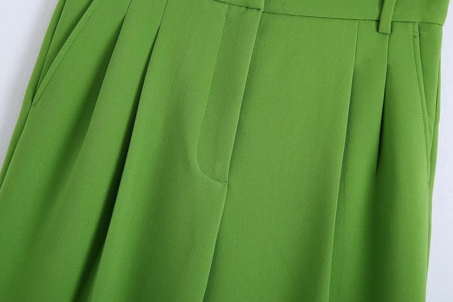 Fashion Green Wovenly Pleated Straight Trousers,Pants