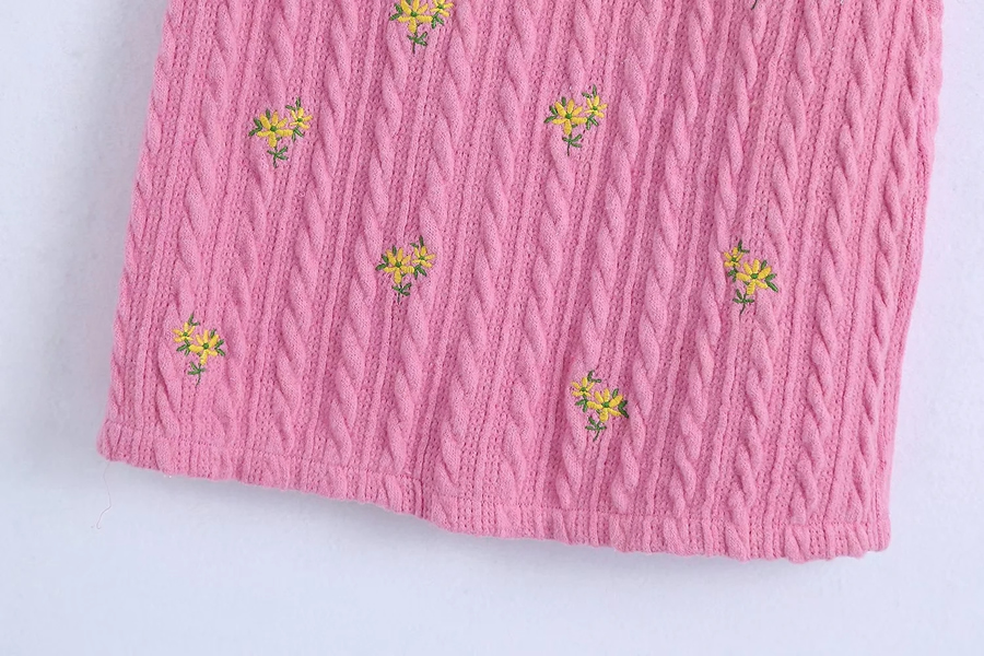 Fashion Pink Flower Embroidery Geometric Knitting Sling Skirt,Mini & Short Dresses