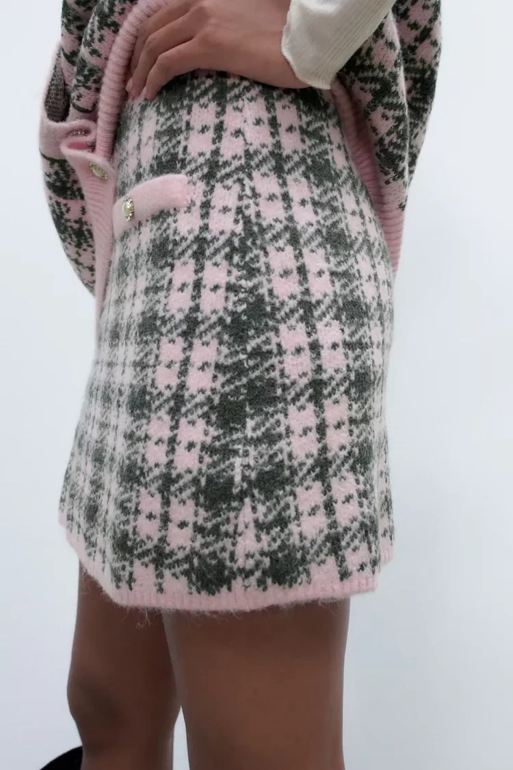 Fashion Pink Geometric Plaid Knitted Half Skirt,Skirts
