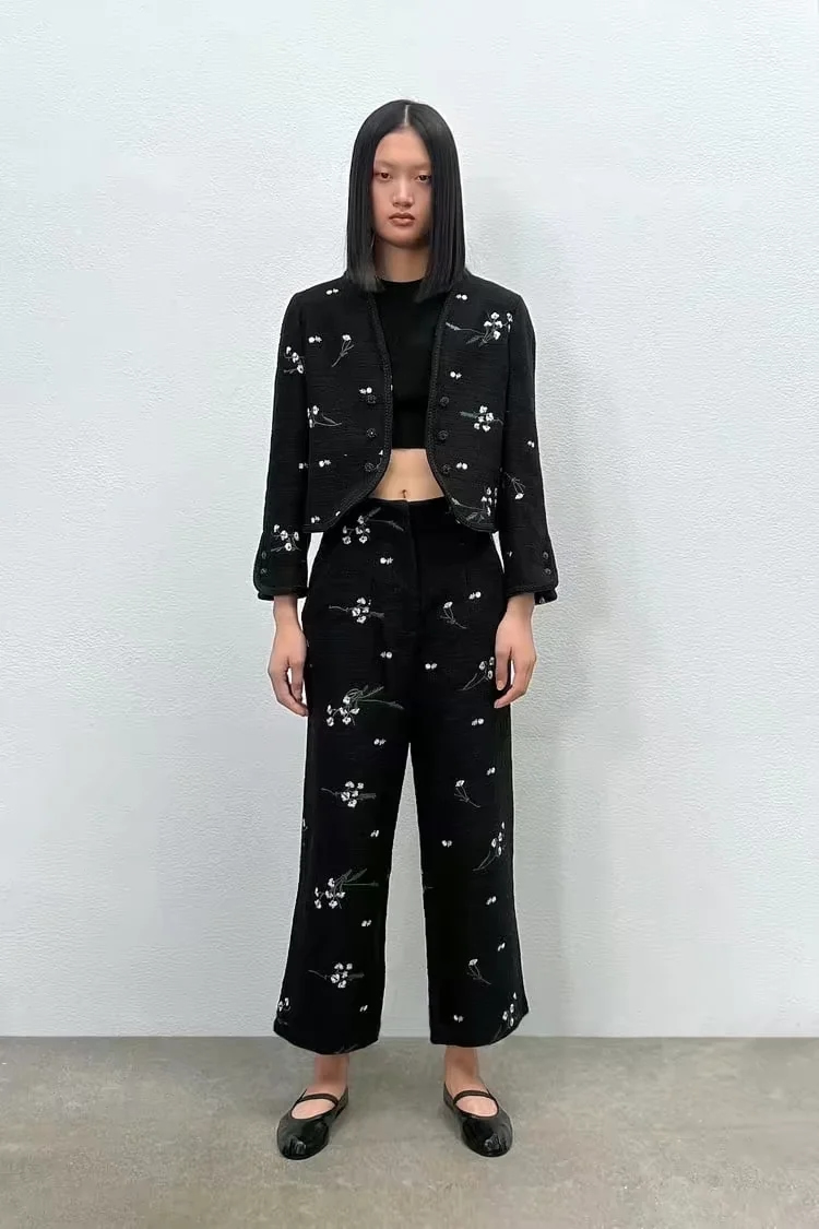 Fashion Black Woven Flower Embroidery Straight Trousers,Pants