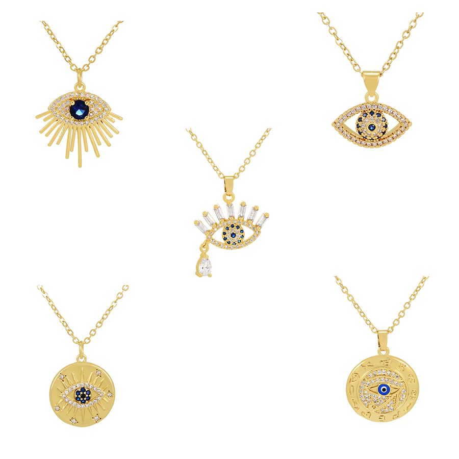 Fashion Gold-2 Bronze Zirconium Eye Geometric Necklace,Necklaces