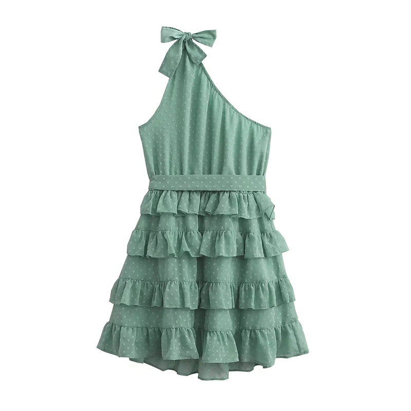 Fashion Green Chiffon Slant-shoulder Tiered Polka-dot Lace-up Dress,Mini & Short Dresses