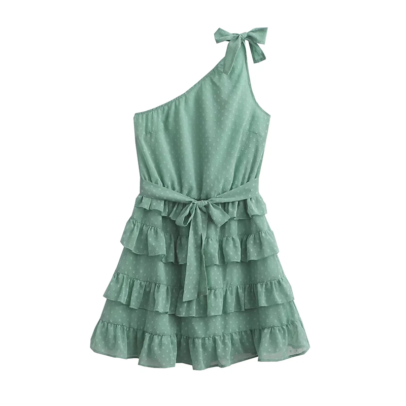 Fashion Green Chiffon Slant-shoulder Tiered Polka-dot Lace-up Dress,Mini & Short Dresses