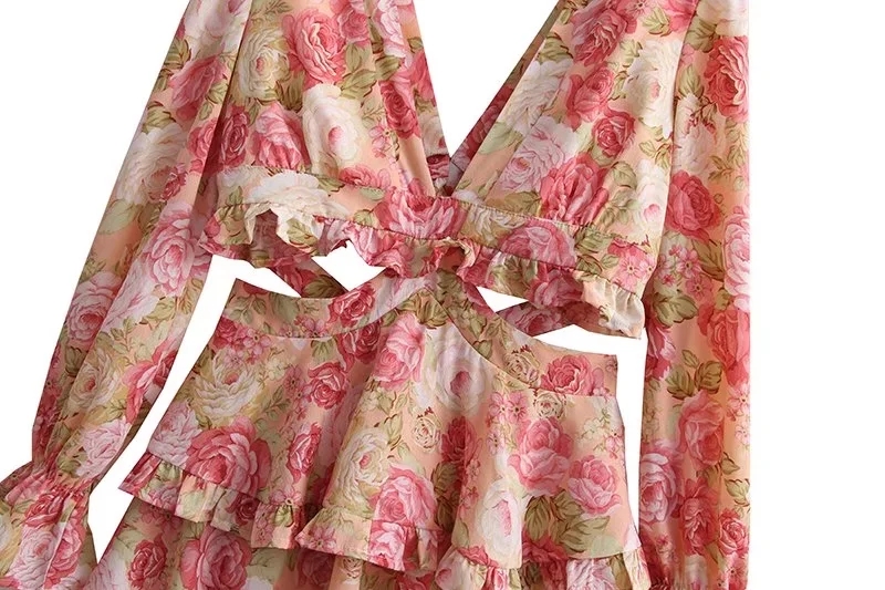 Fashion Printing Chiffon Print V-neck Cutout Layered Dress,Mini & Short Dresses