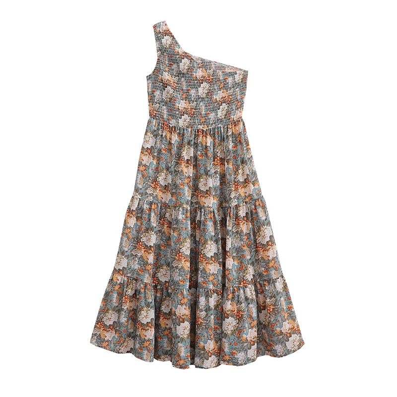 Fashion Printing Printed One-shoulder Swing Dress,Long Dress