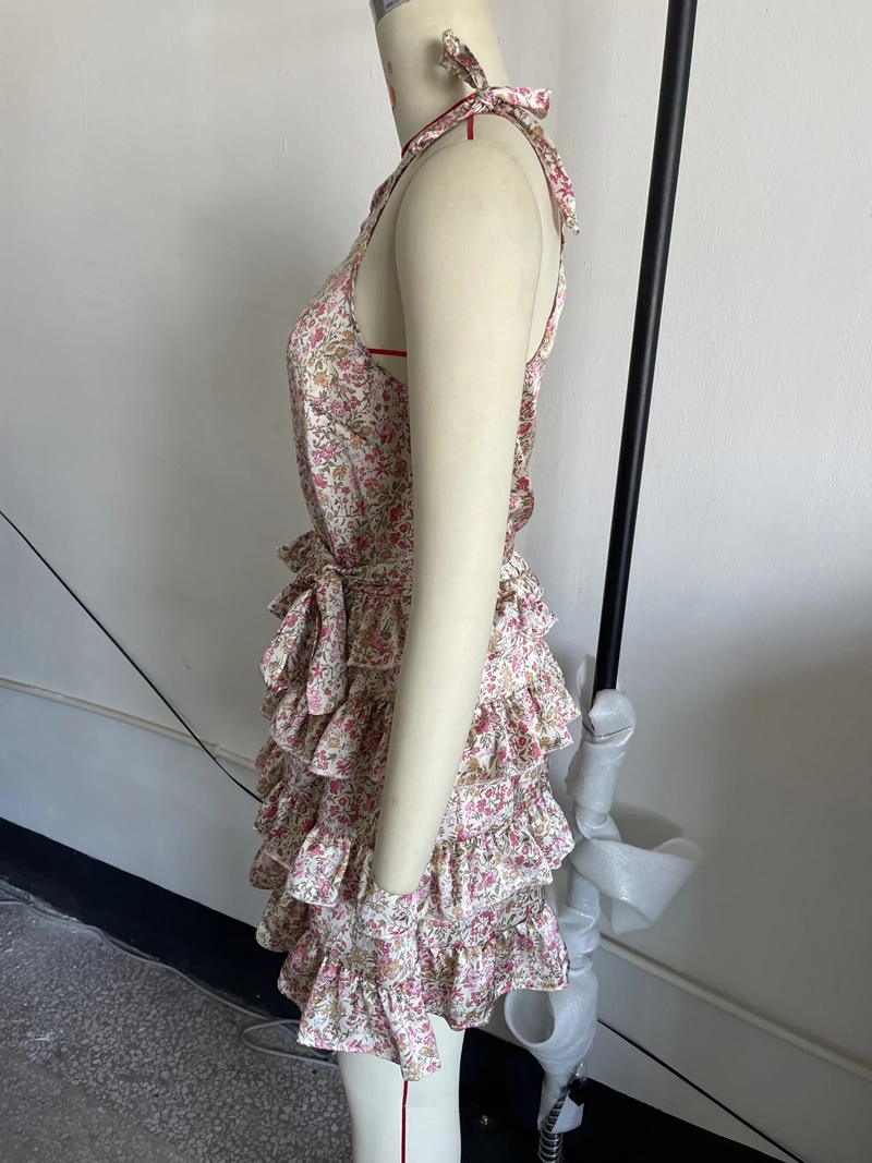 Fashion Printing Chiffon-print Lace-up One-shoulder Tiered Dress,Mini & Short Dresses