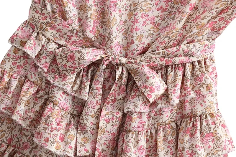 Fashion Printing Chiffon-print Lace-up One-shoulder Tiered Dress,Mini & Short Dresses