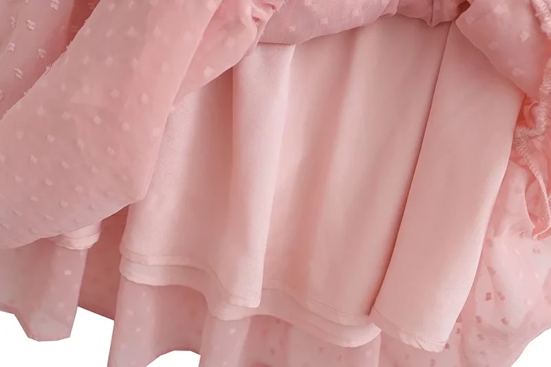 Fashion Pink Chiffon Slant-shoulder Polka-dot Tiered Dress,Mini & Short Dresses