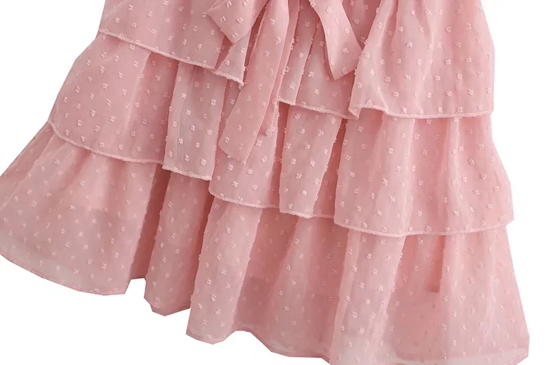 Fashion Pink Chiffon Slant-shoulder Polka-dot Tiered Dress,Mini & Short Dresses