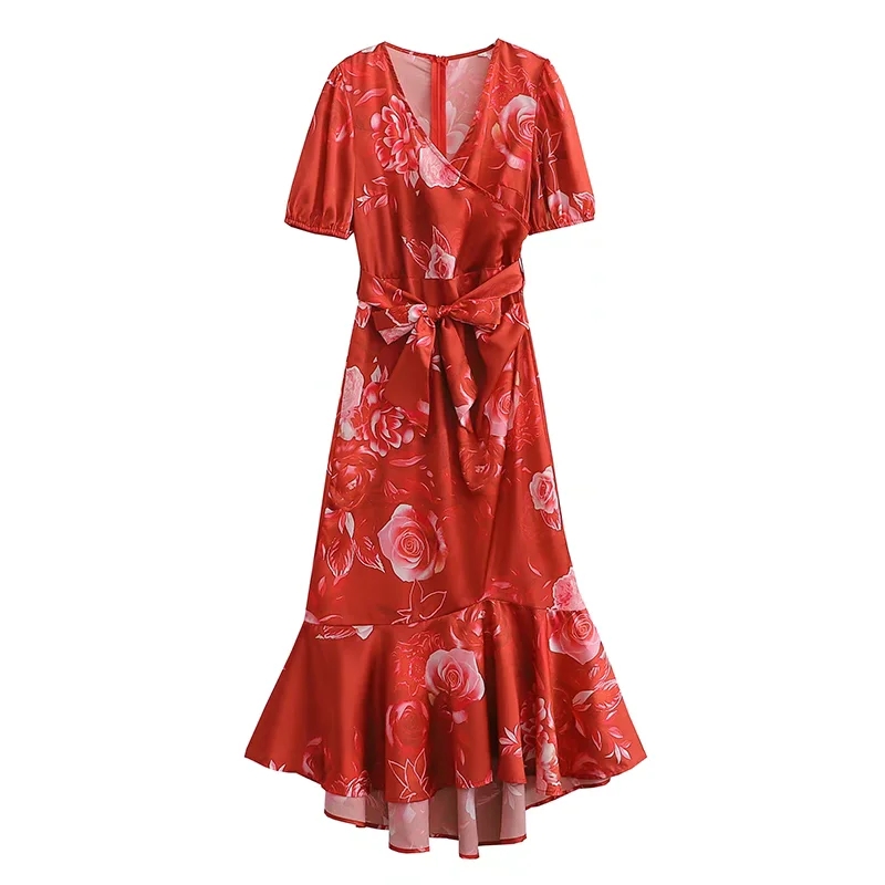 Fashion Red Satin Print V-neck Tie Irregular Hem Dress,Long Dress