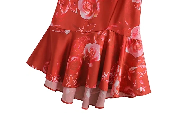 Fashion Red Satin Print V-neck Tie Irregular Hem Dress,Long Dress