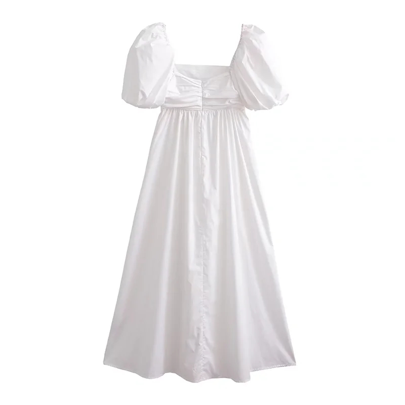 Fashion White Pleated Square-neck Swing Dress,Long Dress