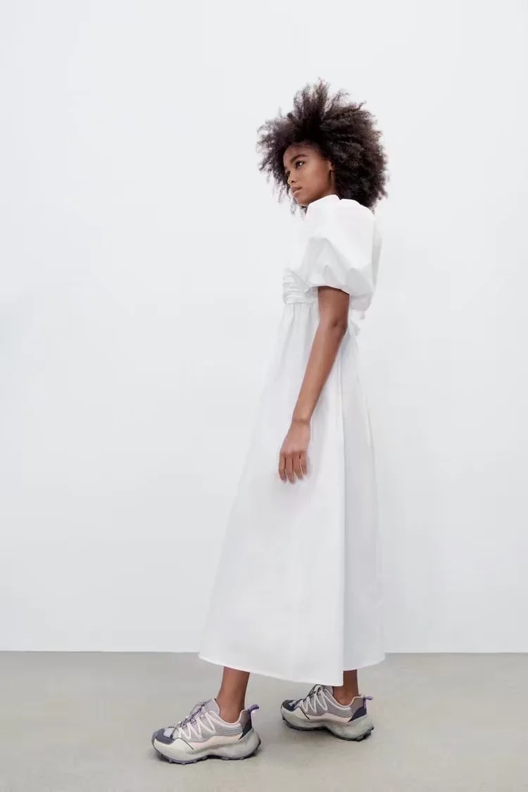 Fashion White Pleated Square-neck Swing Dress,Long Dress