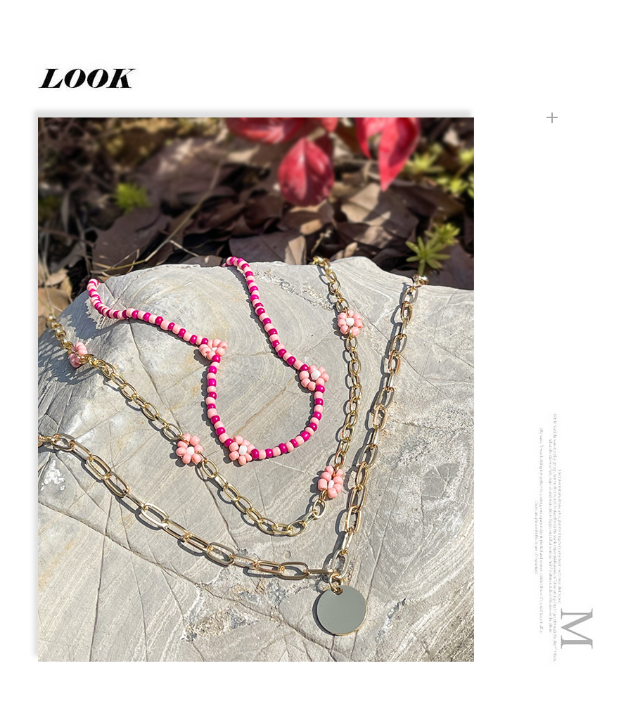 Fashion Yellow Alloy Disc Pendant Rice Bead Flower Multilayer Necklace,Multi Strand Necklaces