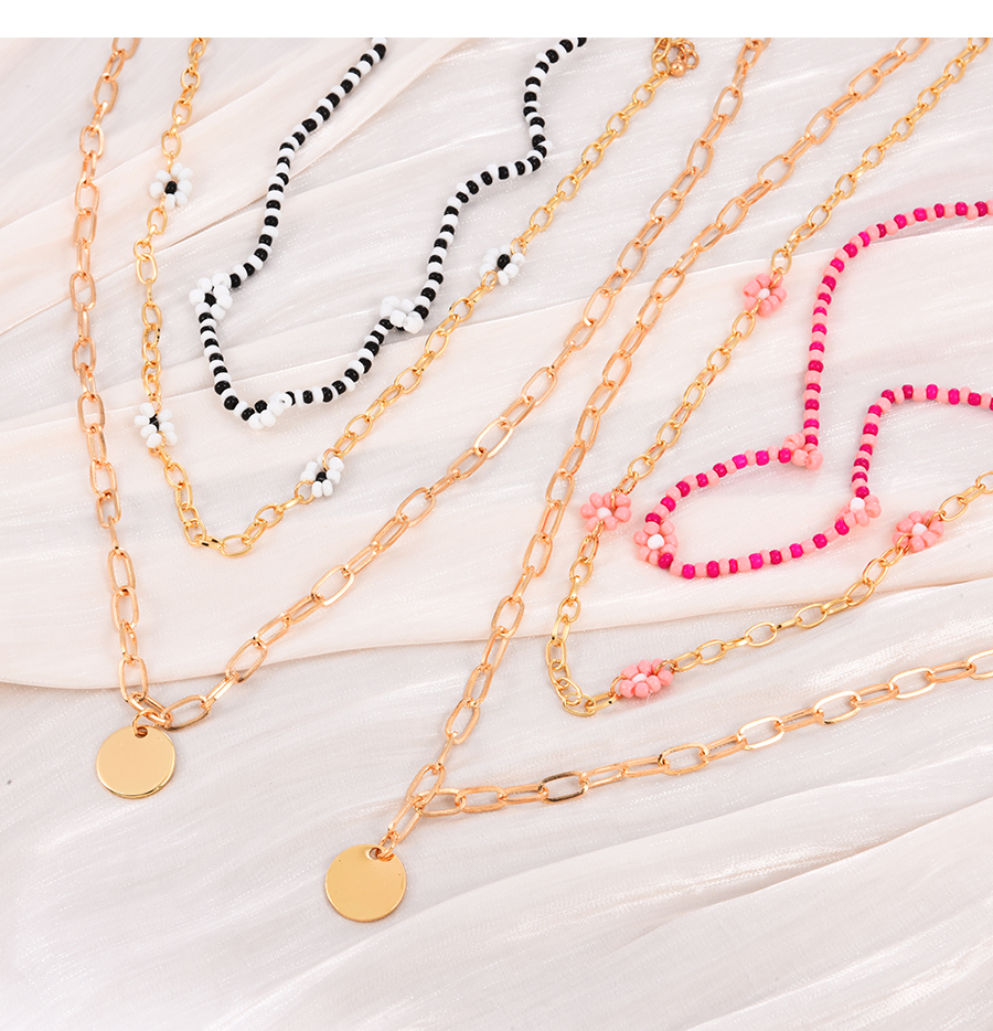 Fashion Pink Alloy Disc Pendant Rice Bead Flower Multilayer Necklace,Multi Strand Necklaces