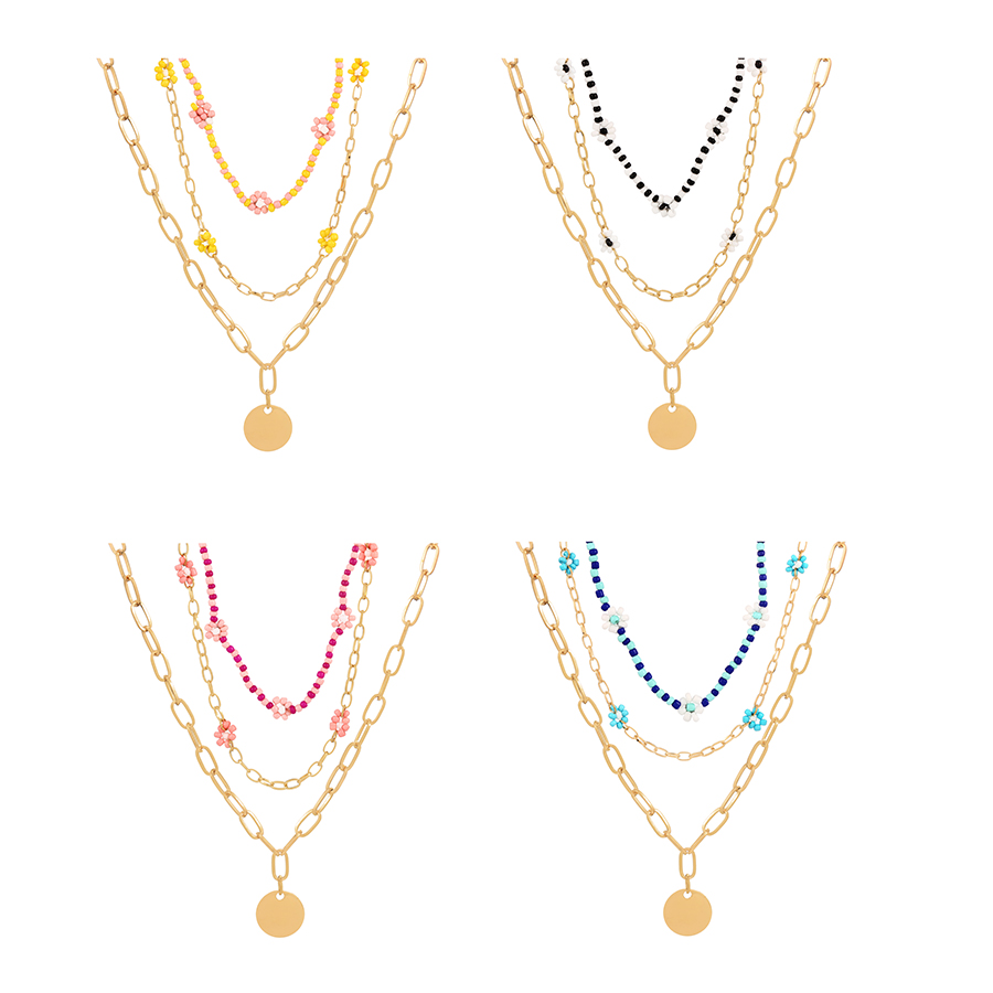 Fashion Blue Alloy Disc Pendant Rice Bead Flower Multilayer Necklace,Multi Strand Necklaces