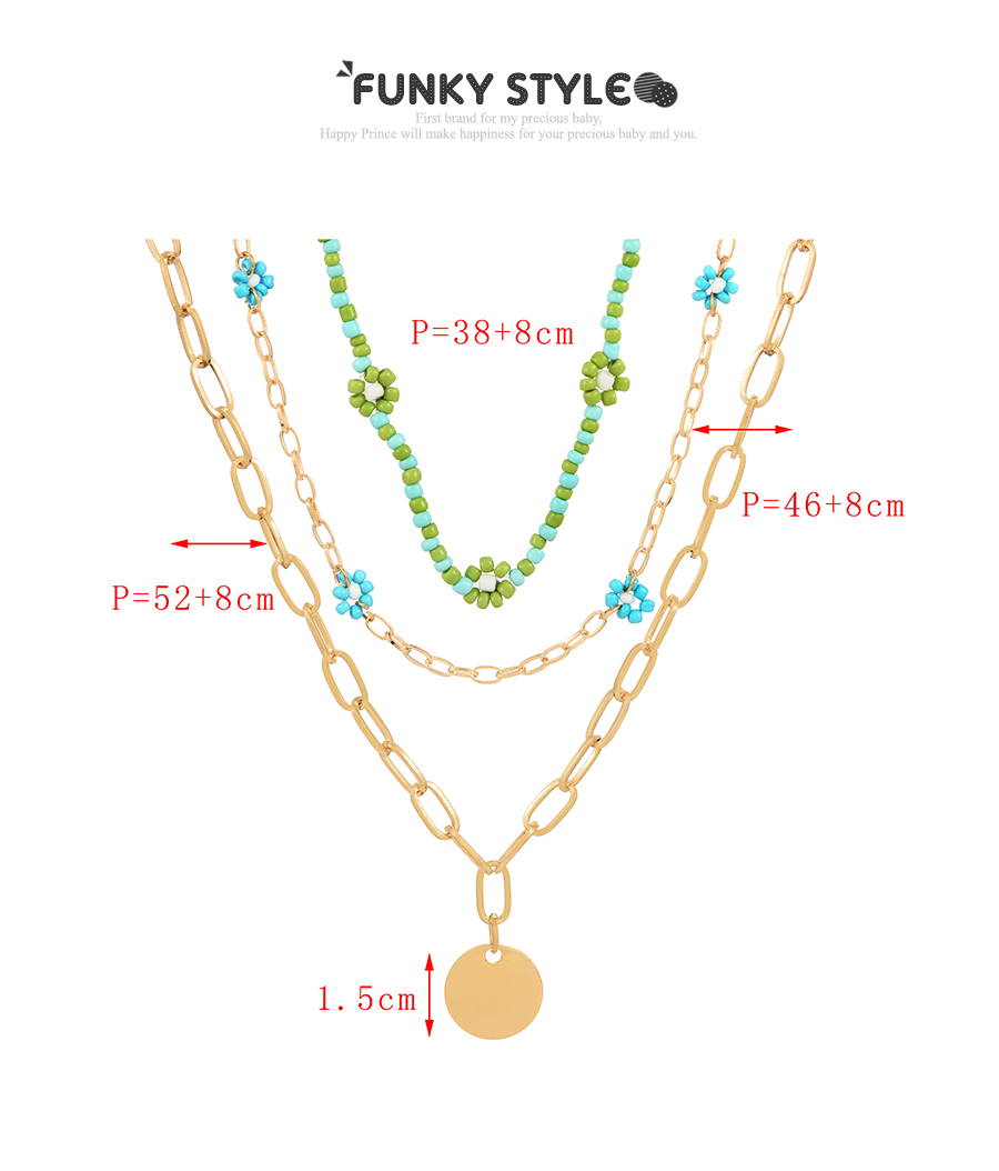 Fashion Green Alloy Disc Pendant Rice Bead Flower Multilayer Necklace,Multi Strand Necklaces