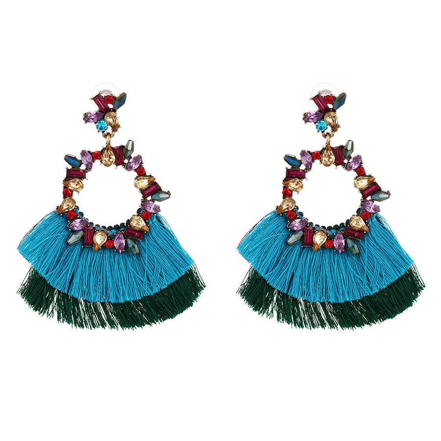 Fashion Blue Alloy Diamond Irregular Colorblock Tassel Stud Earrings,Stud Earrings