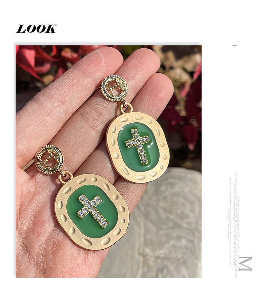 Fashion Green Alloy Diamond Cross Resin Letter Stud Earrings,Stud Earrings