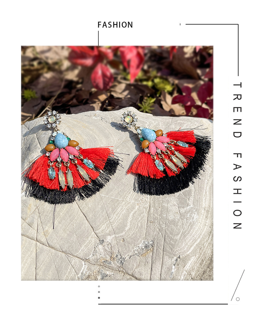 Fashion Red Alloy Diamond Water Drop Contrast Color Tassel Stud Earrings,Stud Earrings