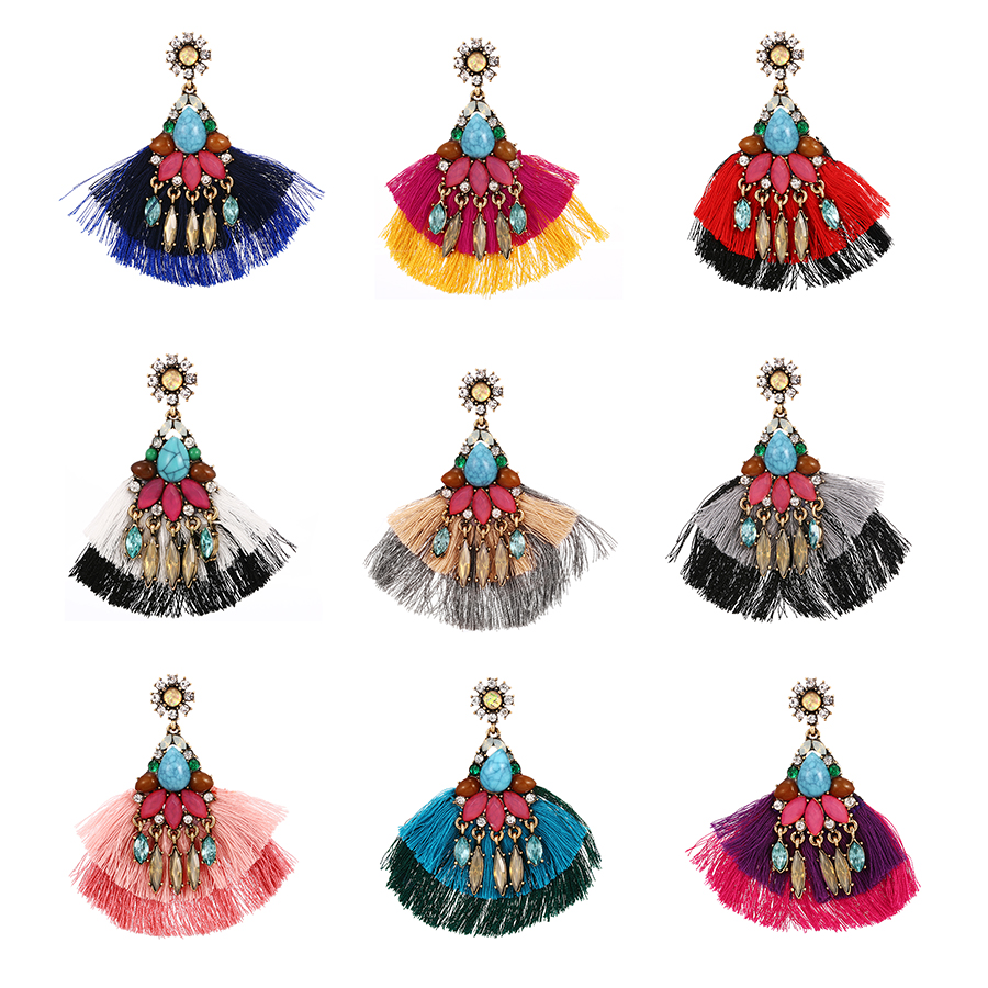 Fashion Red Alloy Diamond Water Drop Contrast Color Tassel Stud Earrings,Stud Earrings
