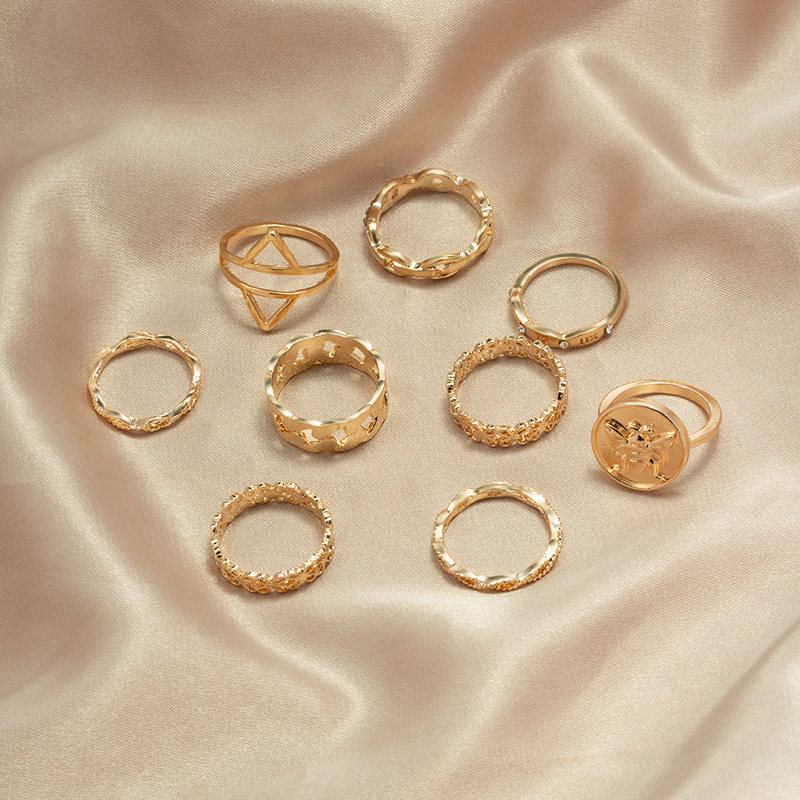 Fashion Gold Alloy Diamond Bee Geometric Ring Set,Jewelry Sets
