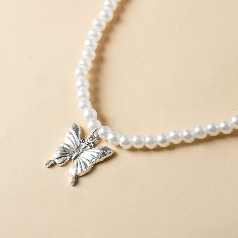 Fashion White Alloy Pearl Beaded Butterfly Necklace,Pendants