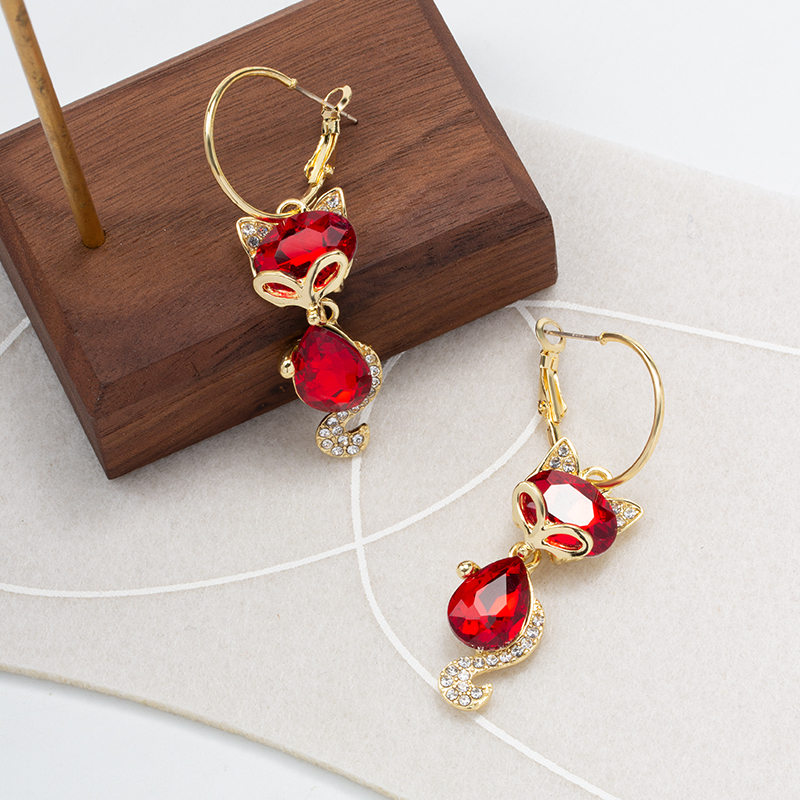 Fashion Red Alloy Diamond Fox Earrings,Hoop Earrings