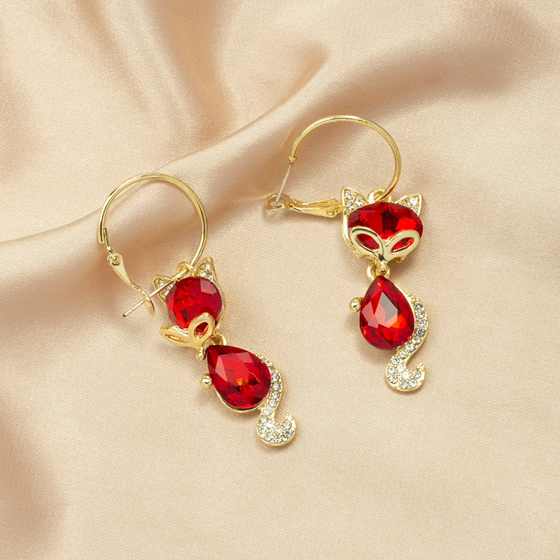 Fashion Red Alloy Diamond Fox Earrings,Hoop Earrings