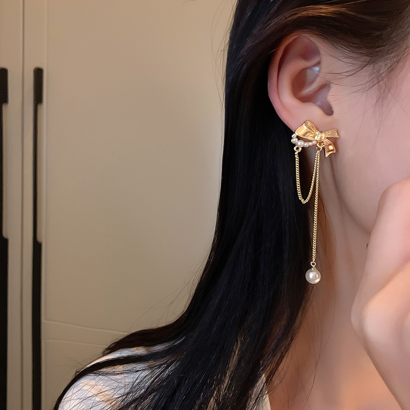 Fashion Gold Alloy Bow Pearl Tassel Drop Earrings,Drop Earrings