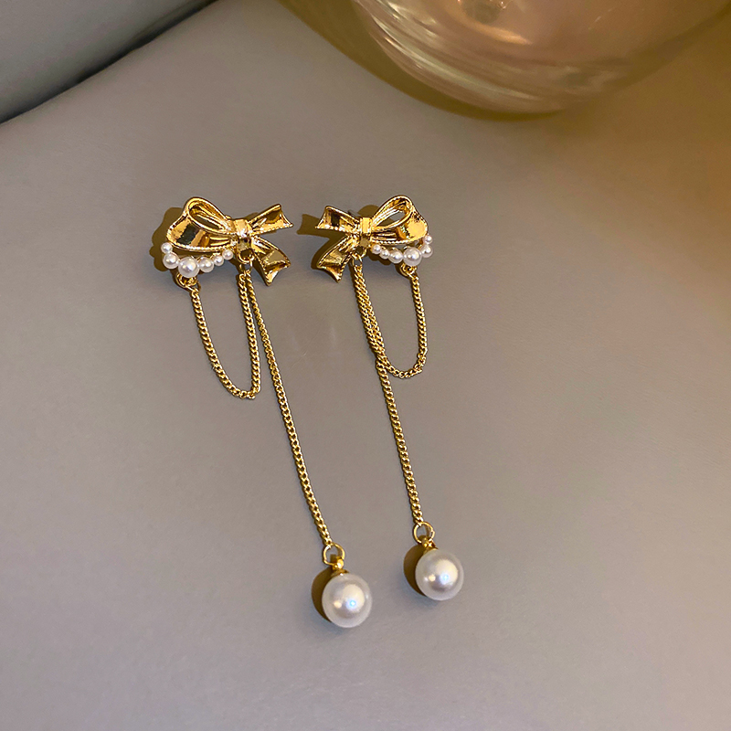 Fashion Gold Alloy Bow Pearl Tassel Drop Earrings,Drop Earrings