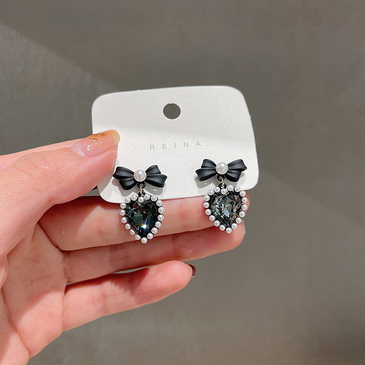 Fashion Black Alloy Diamond Heart Bow Stud Earrings,Stud Earrings