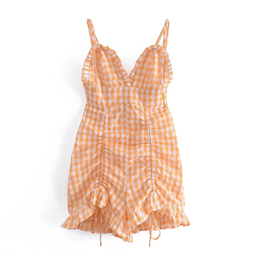 Fashion Orange Grid Polycotton Check V-neck Drawstring Dress,Mini & Short Dresses