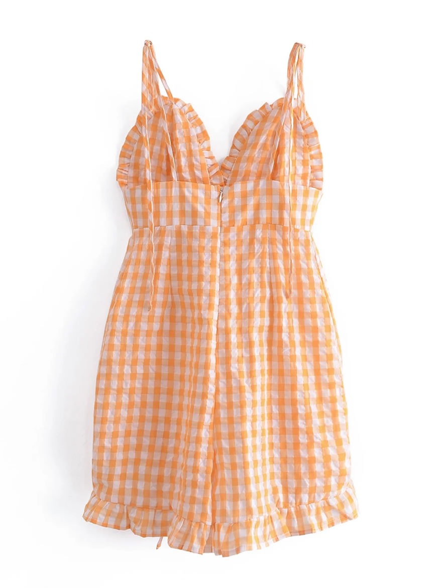Fashion Orange Grid Polycotton Check V-neck Drawstring Dress,Mini & Short Dresses