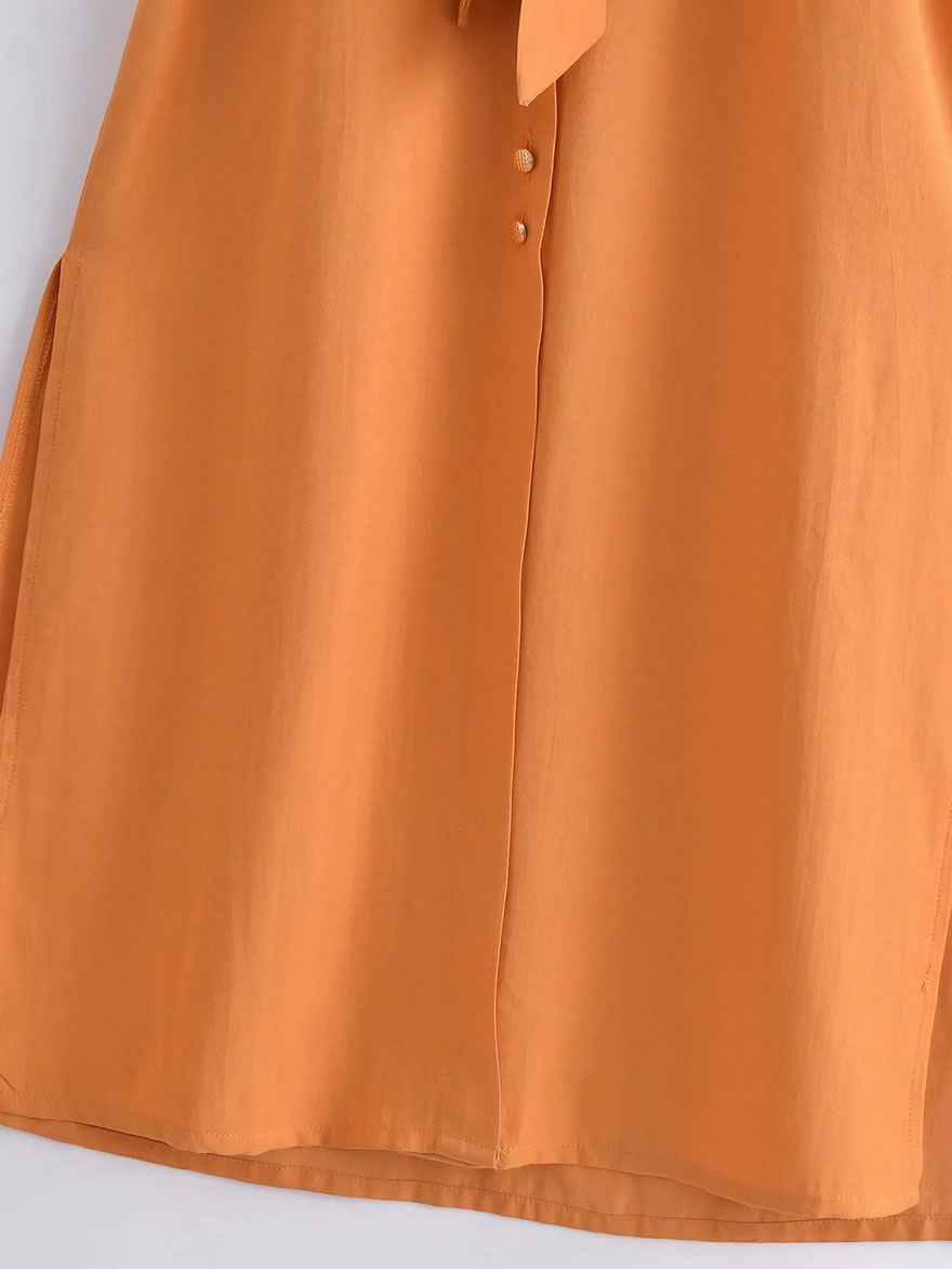 Fashion Orange Lapel-breasted Lace-up Slit Dress,Long Dress