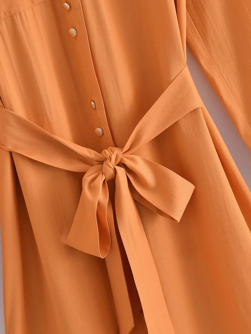 Fashion Orange Lapel-breasted Lace-up Slit Dress,Long Dress