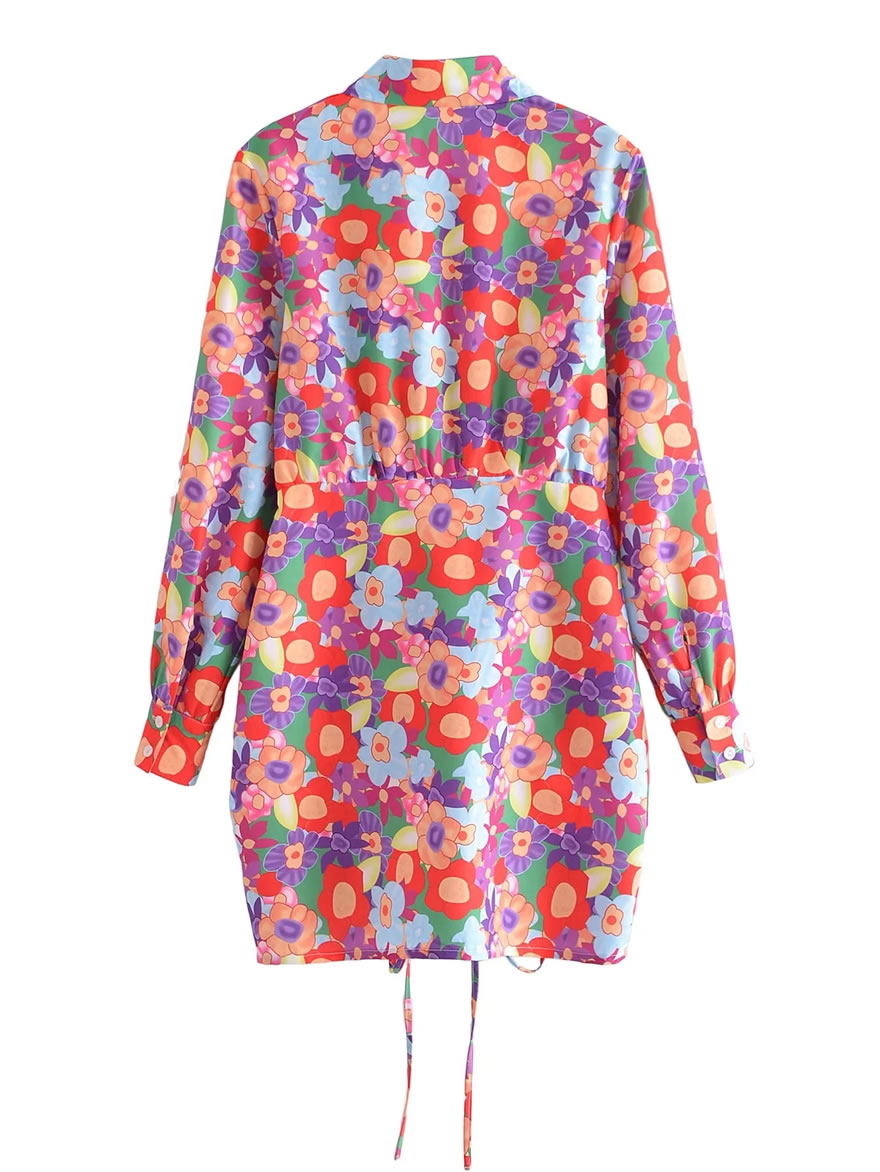 Fashion Multicolor Geometric Floral Drawstring Lapel Dress,Mini & Short Dresses