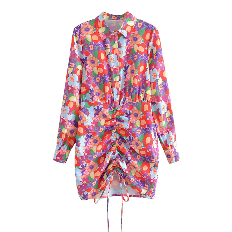 Fashion Multicolor Geometric Floral Drawstring Lapel Dress,Mini & Short Dresses