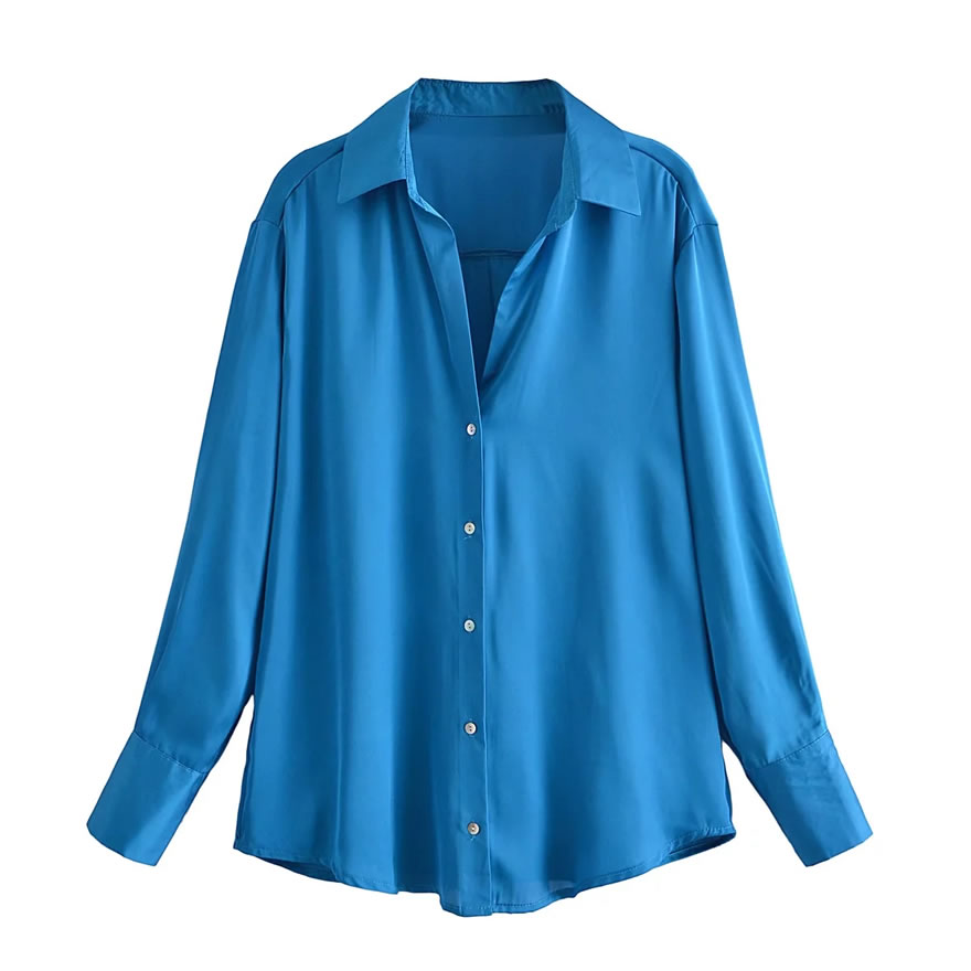 Fashion Blue Satin V-neck Lapel Shirt,Blouses