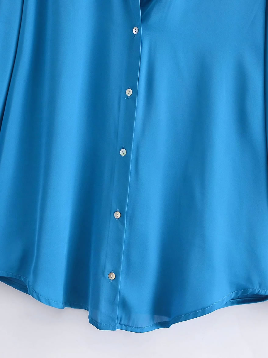 Fashion Blue Satin V-neck Lapel Shirt,Blouses
