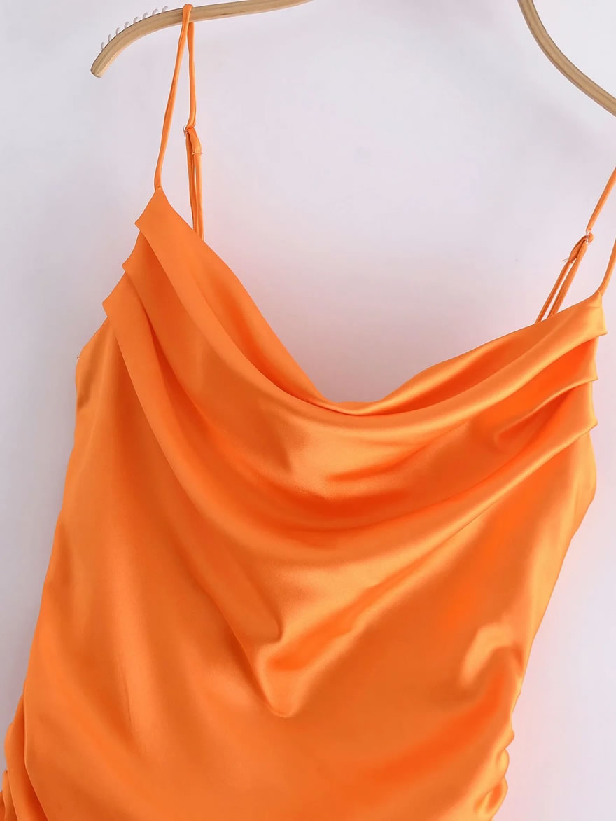Fashion Orange Satin Drawstring Slip Dress,Mini & Short Dresses