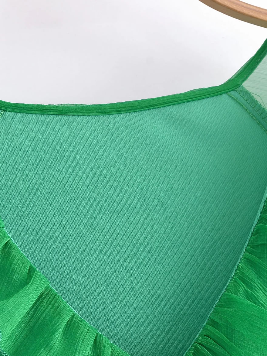 Fashion Green Chiffon Lace V-neck Tiered Dress,Long Dress