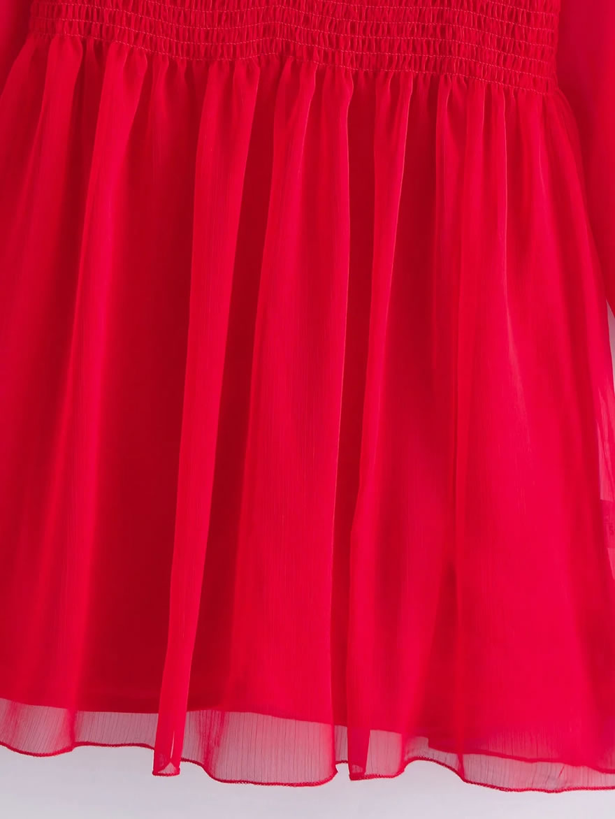 Fashion Red Chiffon Waist Lace Dress,Mini & Short Dresses
