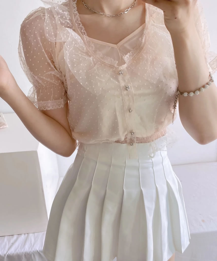 Fashion Apricot Mesh Lace V-neck Puff Sleeve Top,Blouses