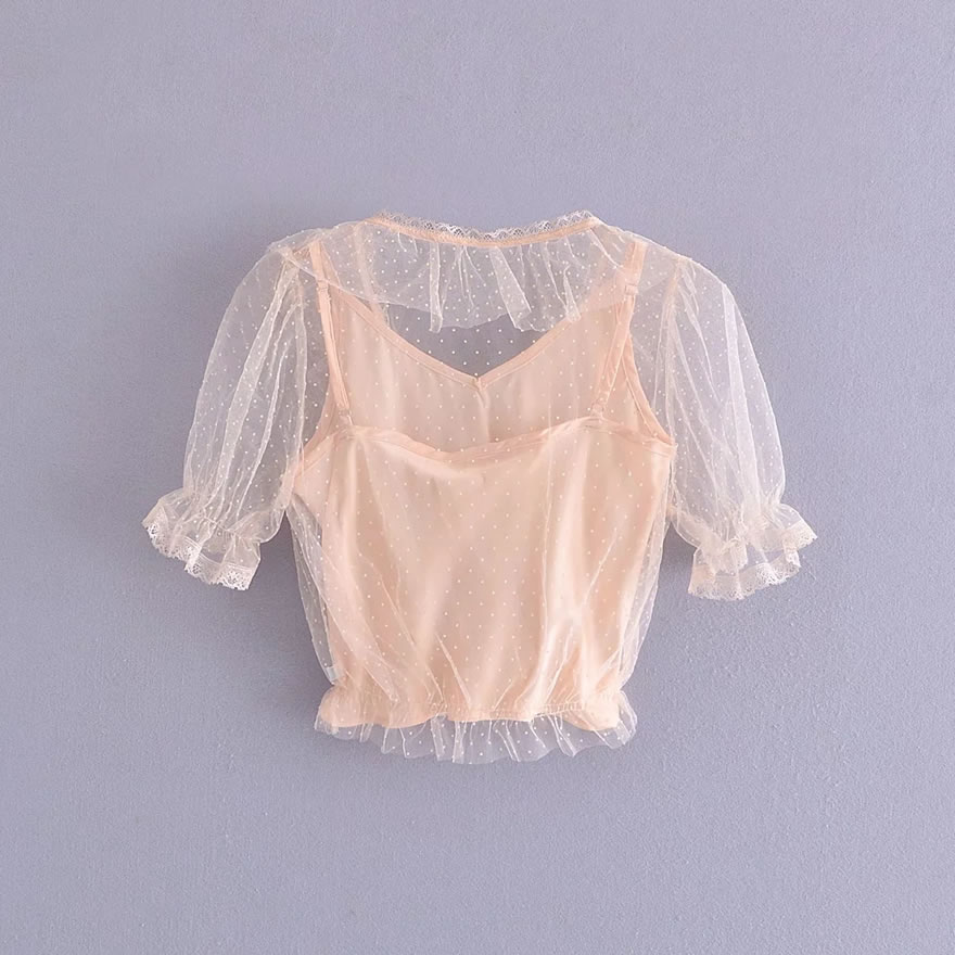 Fashion Apricot Mesh Lace V-neck Puff Sleeve Top,Blouses